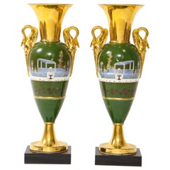 Antique Pair of French 19th C.Empire Period Old Paris Porcelain Swan Handle Vases