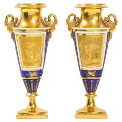 Antique Pr. 19th Century Russian Cobalt Blue & Gold Ground Swan Handle Porcelain Vases