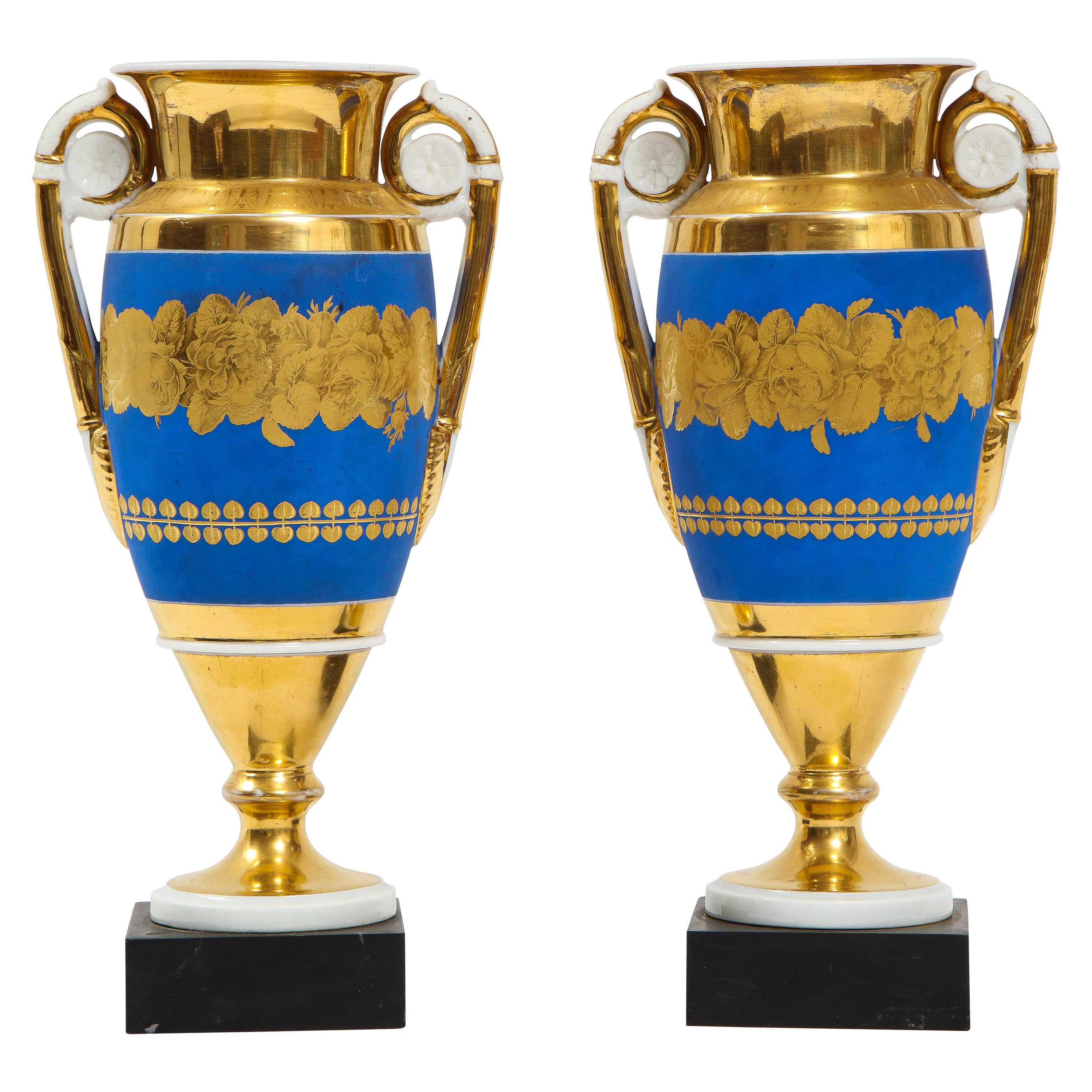 Pair French 19th C. Blue & 2-Tone Gold Ground Porcelain Vases w/ Gold Handles