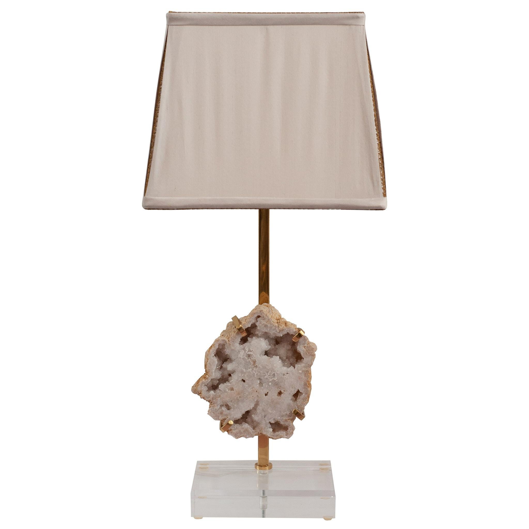 Contemporary White Quartz Geode & Brass Table Lamp with Custom Silk Shade