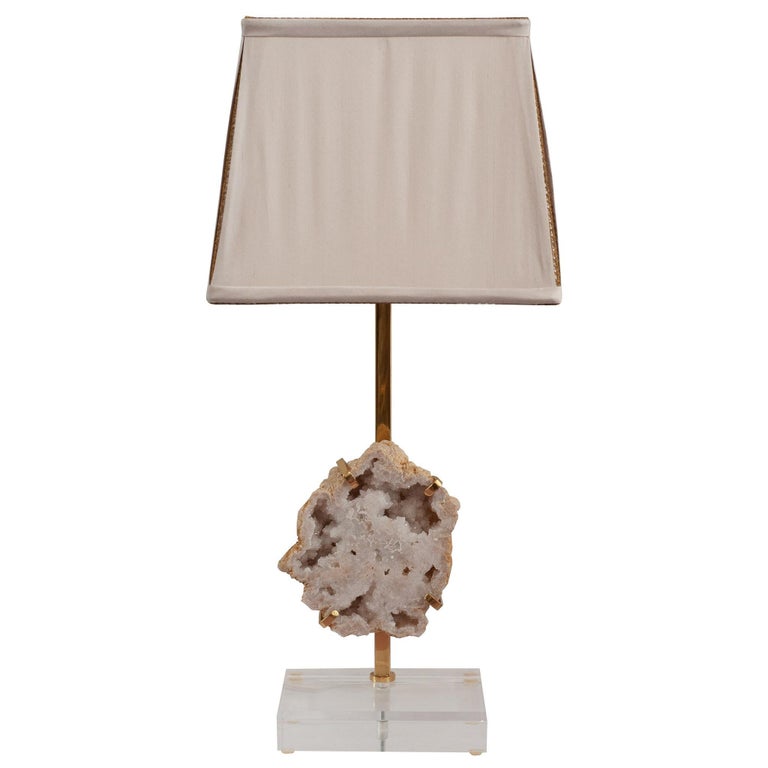 Contemporary White Quartz Geode & Brass Table Lamp with Custom Silk Shade For Sale