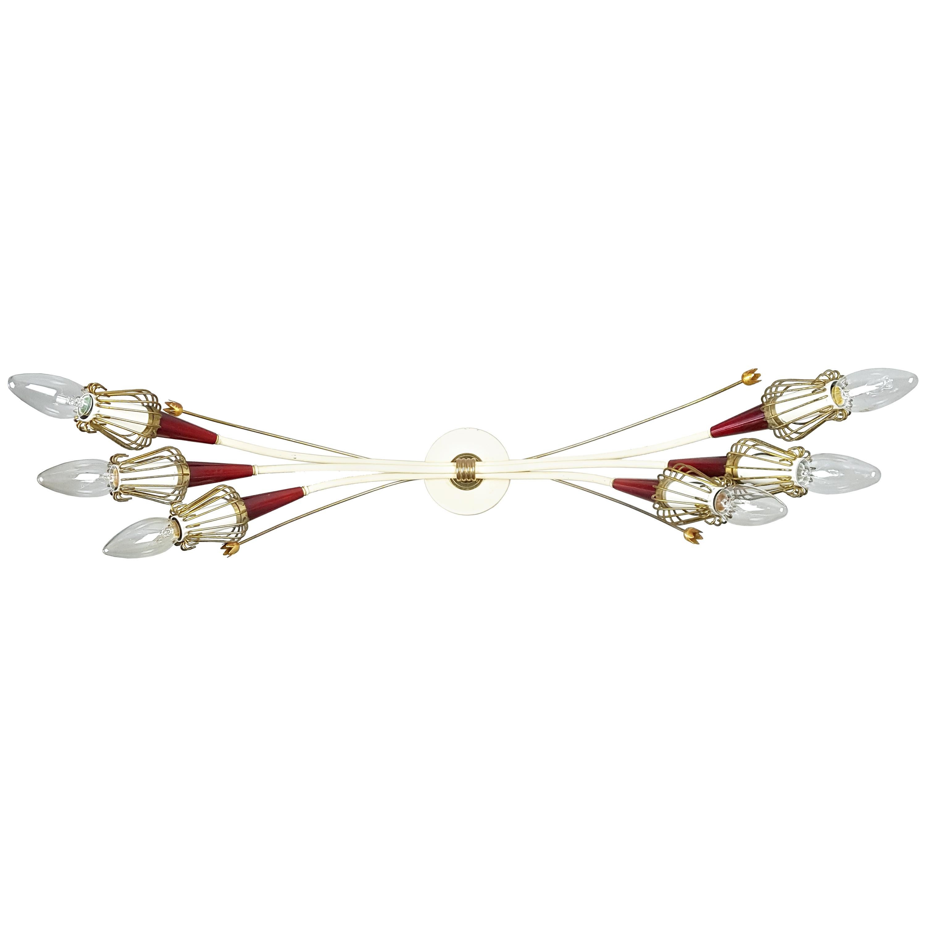 Italian Brass White Metal and Red Plastic 6-Lights Mid-Century Sconce