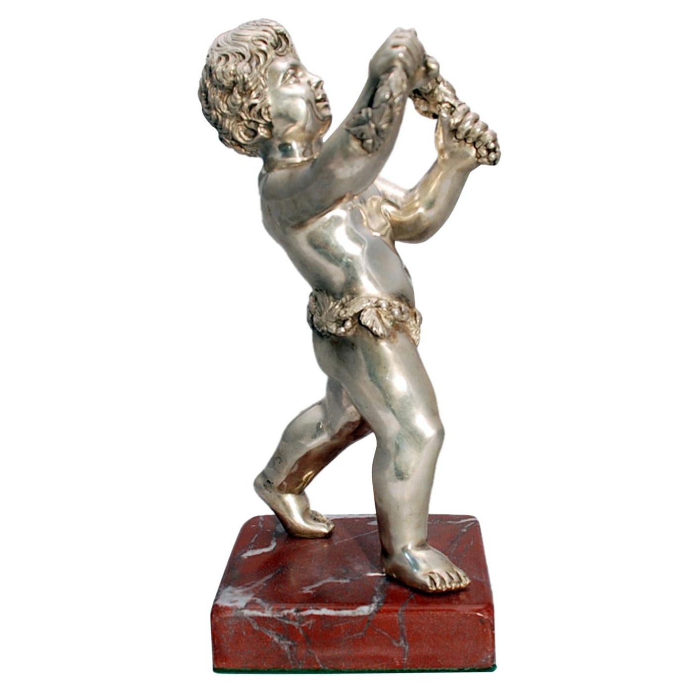 Silver Sculpture Figure of Cherub with Garland of Flowers on Marble Base