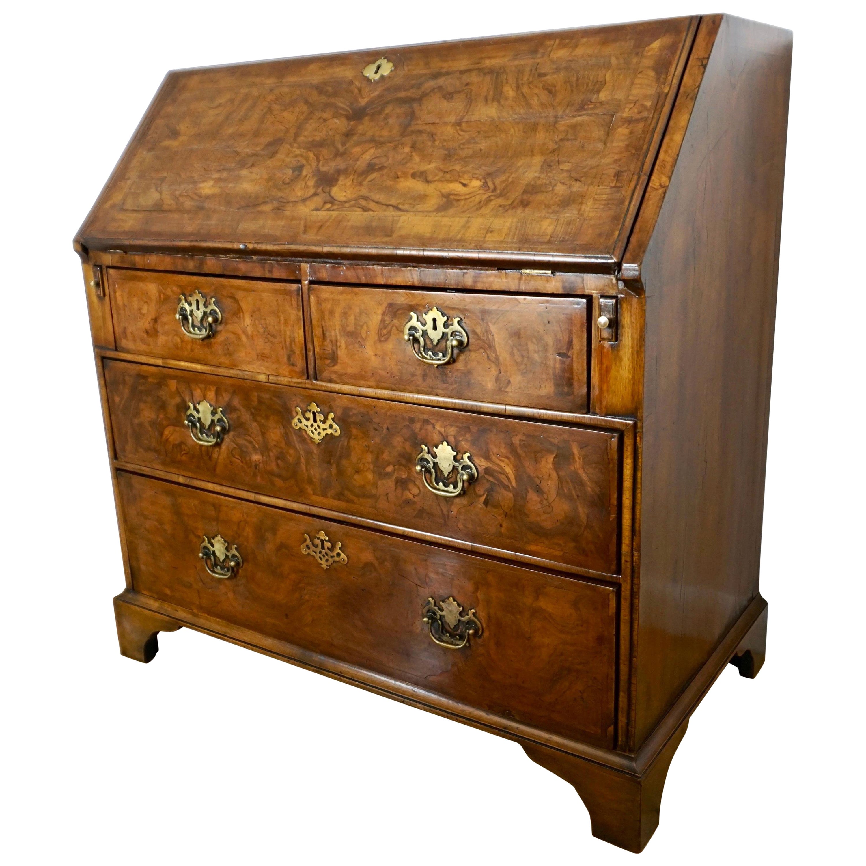Early 18th Century English Walnut Veneered Stepped Interior Georgian Bureau Desk For Sale