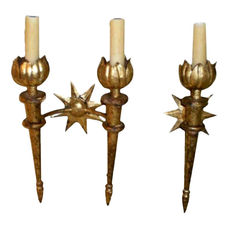 Set of French Gilt Iron Sconces After Gilbert Poillerat