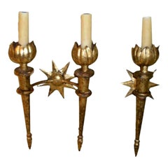 Antique Set of French Gilt Iron Sconces After Gilbert Poillerat