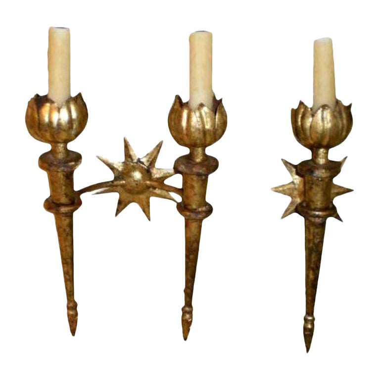 Set of French Gilt Iron Sconces After Gilbert Poillerat