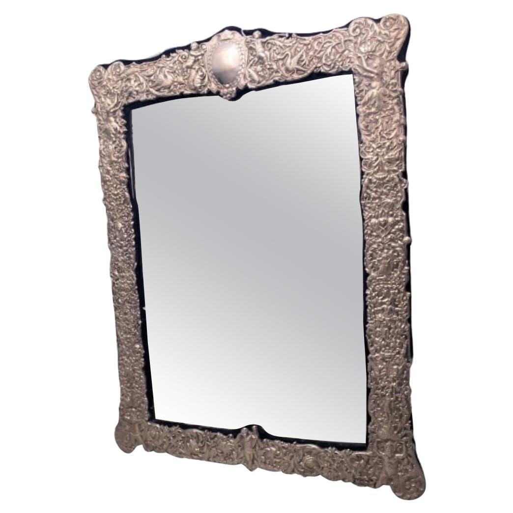 English Palace Size Sterling Silver Mirror with Ornate Border For Sale