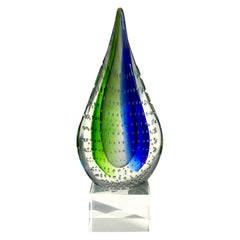 Vintage Teardrop Sculpture in Green and Blue Sommerso Murano Glass, Italian, C. 1980s