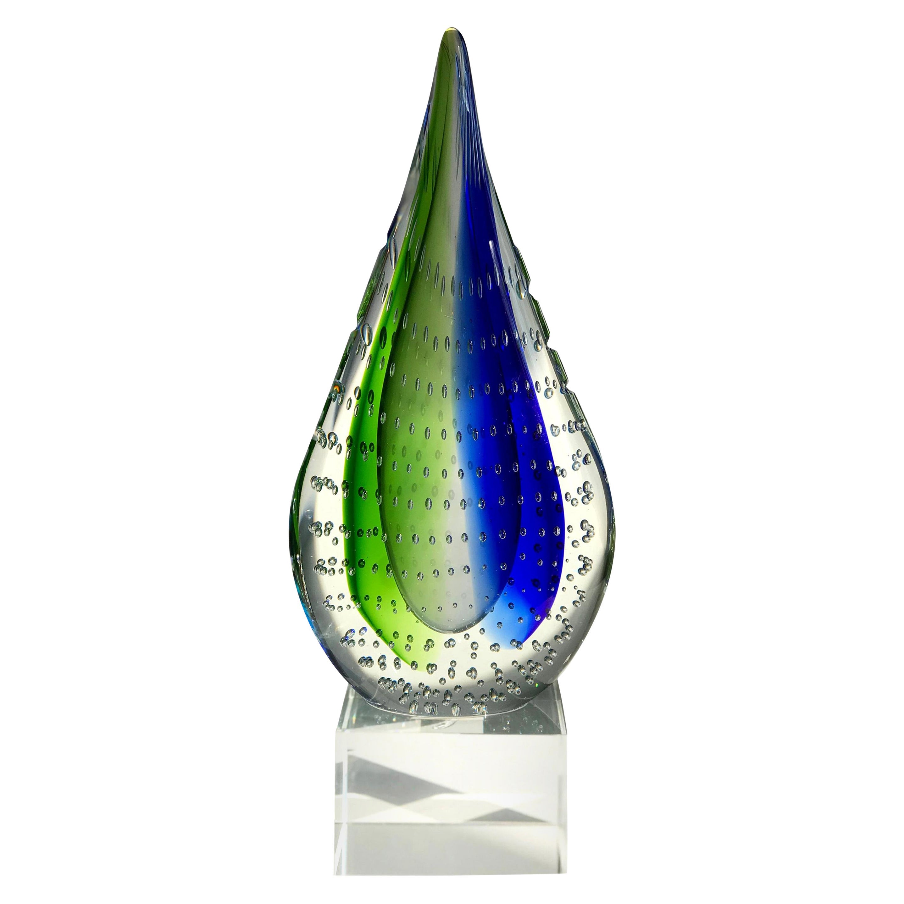 Teardrop Murano Sculpture in Green and Blue Sommerso Glass, Italy, c. 1980s
