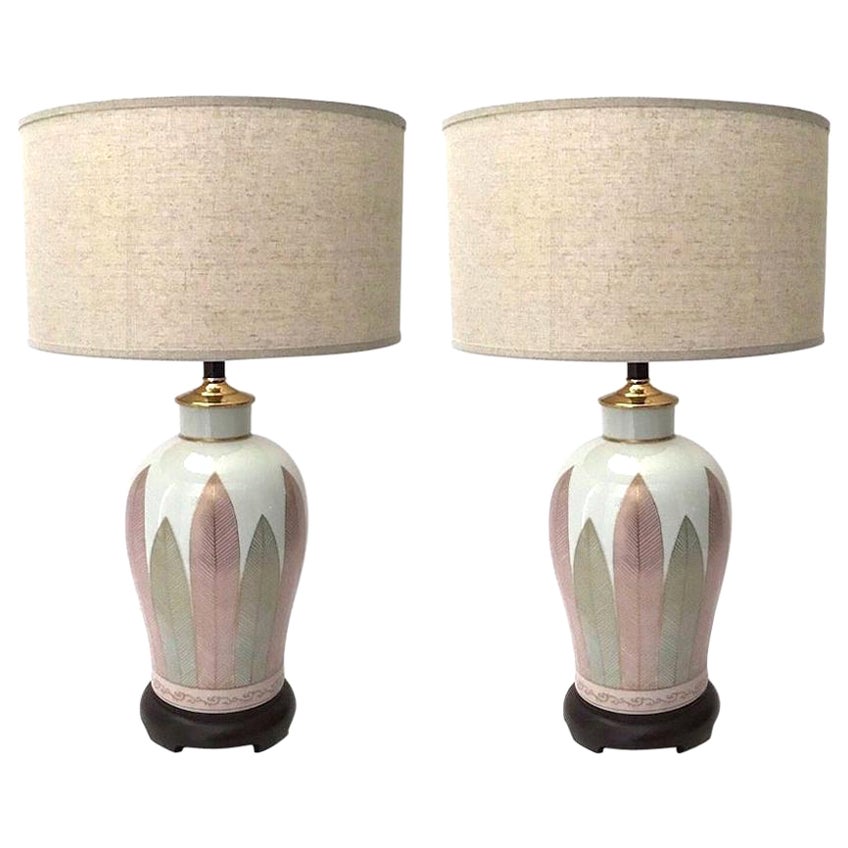 Pair of Japanese Hand Painted Porcelain Lamps in White, Grey, and Pink, C. 1970s For Sale