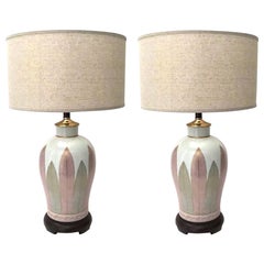 Pair of Japanese Hand Painted Porcelain Lamps in White, Grey, and Pink, C. 1970s