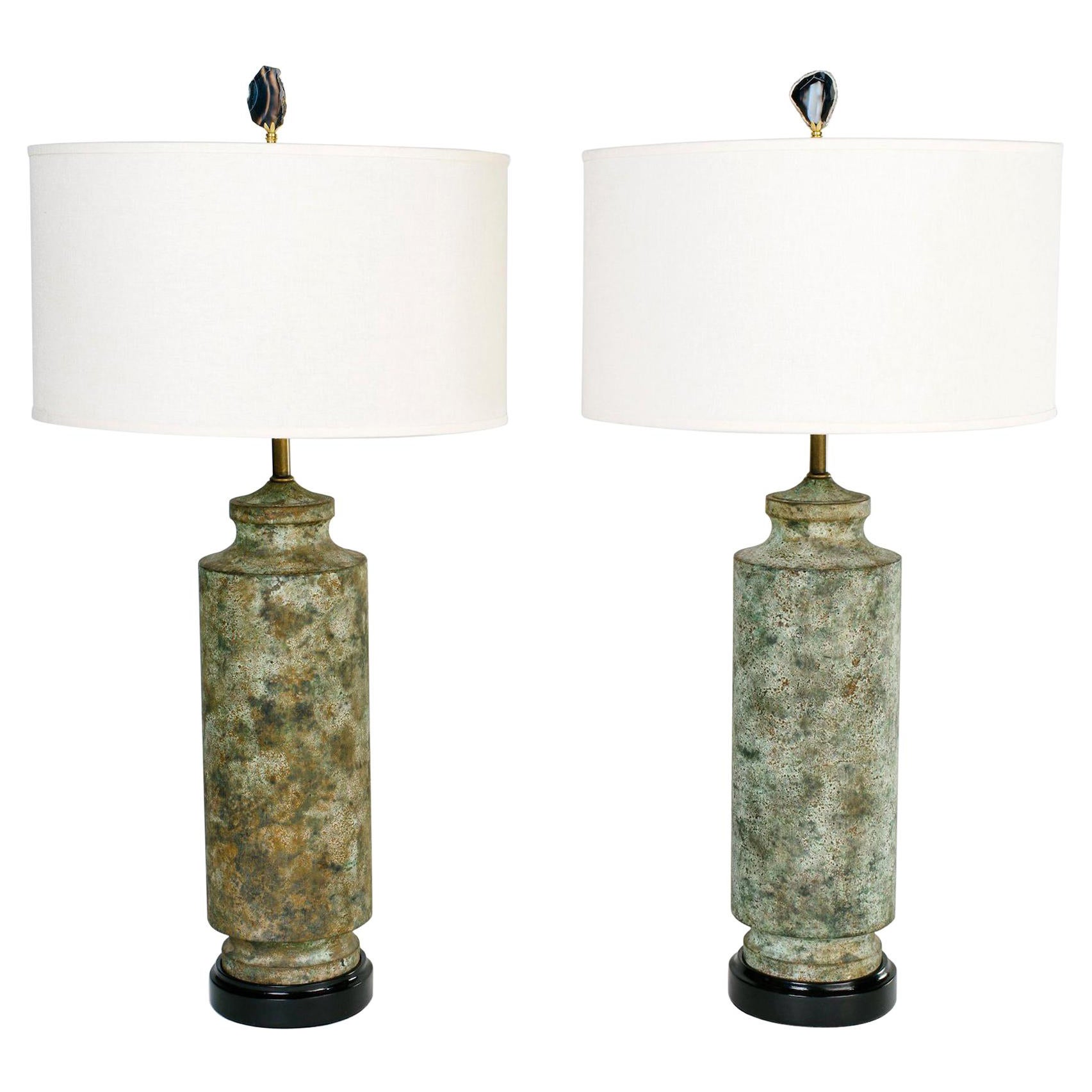 Pair of Mid-Century Modern Pagoda Lamps in Distressed Verdigris Metal, 1960's For Sale