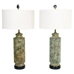 Used Pair of Mid-Century Modern Pagoda Lamps in Distressed Verdigris Metal, 1960's