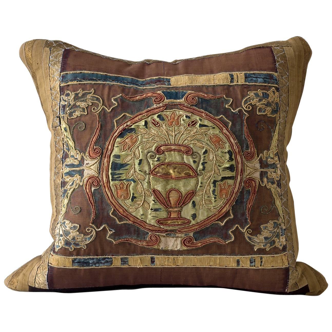 Rich Continental Appliqué and Embroidered Silk Velvet Pillow