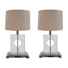1970s Pair of Stylish Italian Glass & Chrome Rectangular Table Lamps Inc Shades
