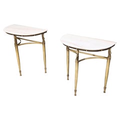 Pair of Nightstands / Console Tables with Marble Tops and Brass Legs, Italy