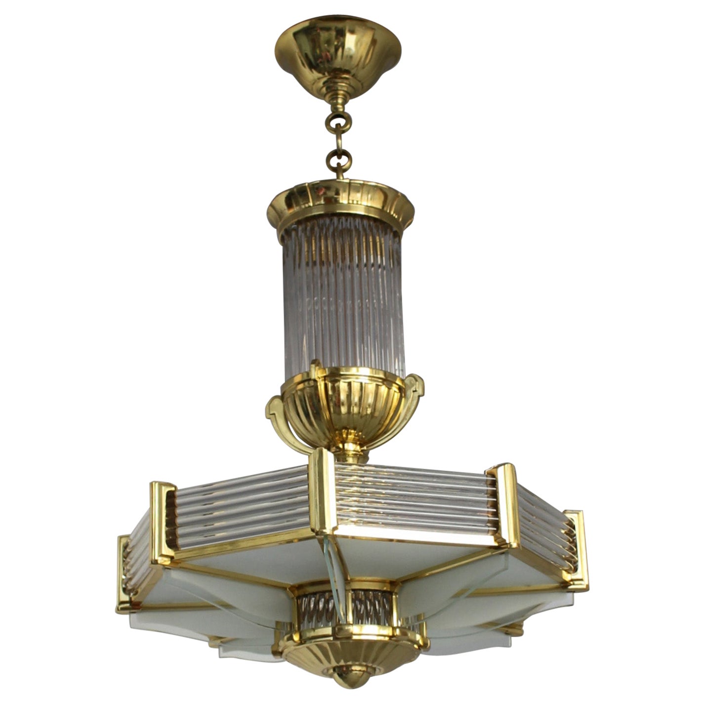 Fine French Art Deco Octagonal Bronze and Glass Chandelier by Petitot For Sale