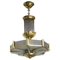 Fine French Art Deco Octagonal Bronze and Glass Chandelier by Petitot