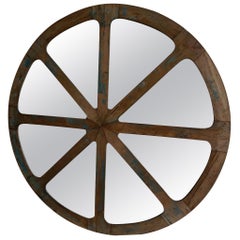 19th Century French Round Industrial Wooden Wall Mirror - Antique Wall Décor