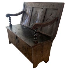 19th Century American Long Wooden Bench with Storage