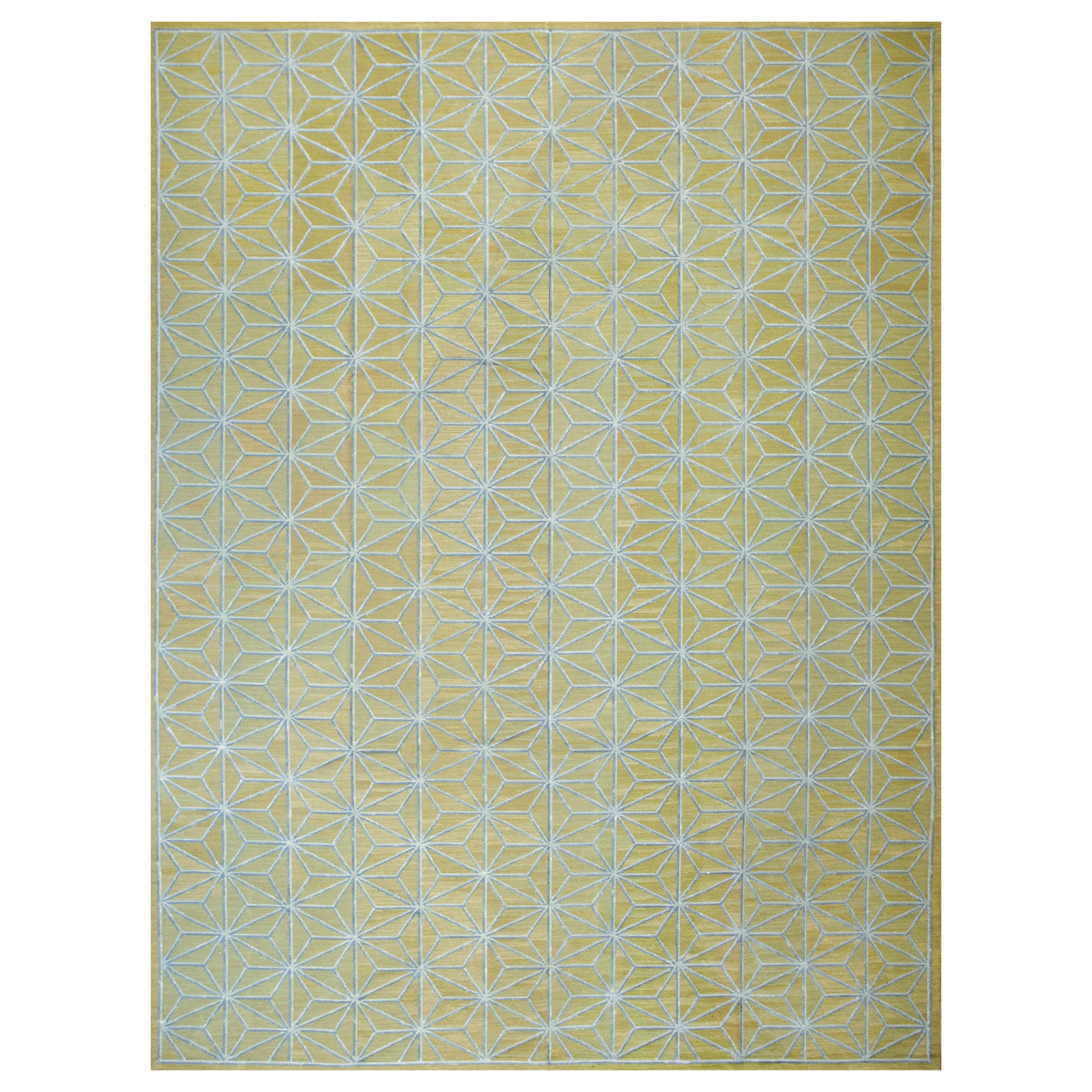 Contemporaneity Handwoven Needlepoint Flat Weave Carpet With Silk Highlights  For Sale