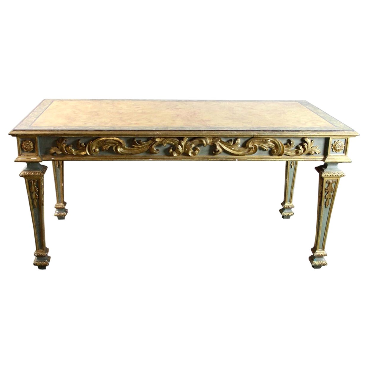 19th Century Italian Carved Green and Gilt Foyer Table with Faux Marble Top For Sale