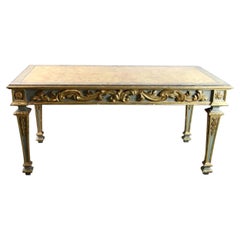 Table d'entrée italienne du 19ème siècle sculptée en vert et doré avec plateau en faux marbre