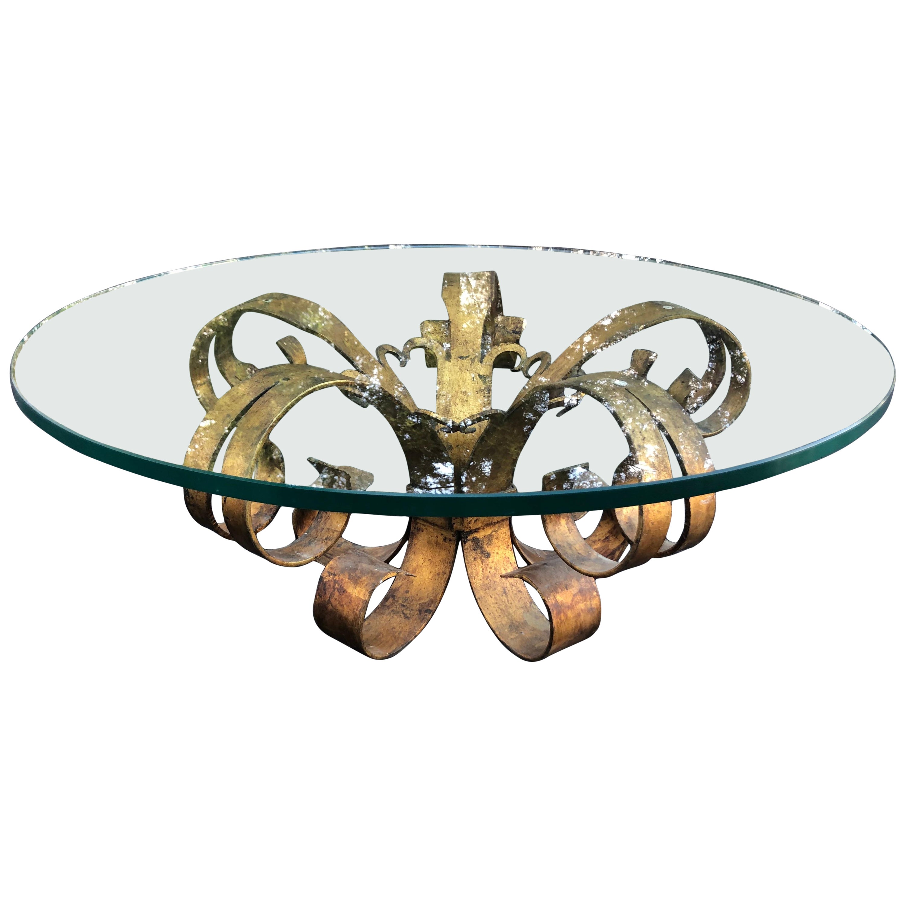 Gilt Iron Coffee Lotus Table with Round Glass Top