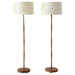 Pair of Teak Floor Lamps with Stylized Modernist Faux Bamboo Design