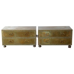 Pair of Sarreid Brass Clad Chests Trunks with Nail Head Pattern and Side Handles