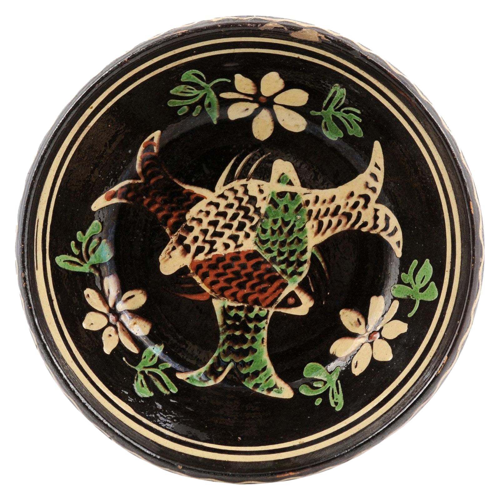 French 19th Century Dark Brown Glazed Pottery Plate with Fish and Floral Décor