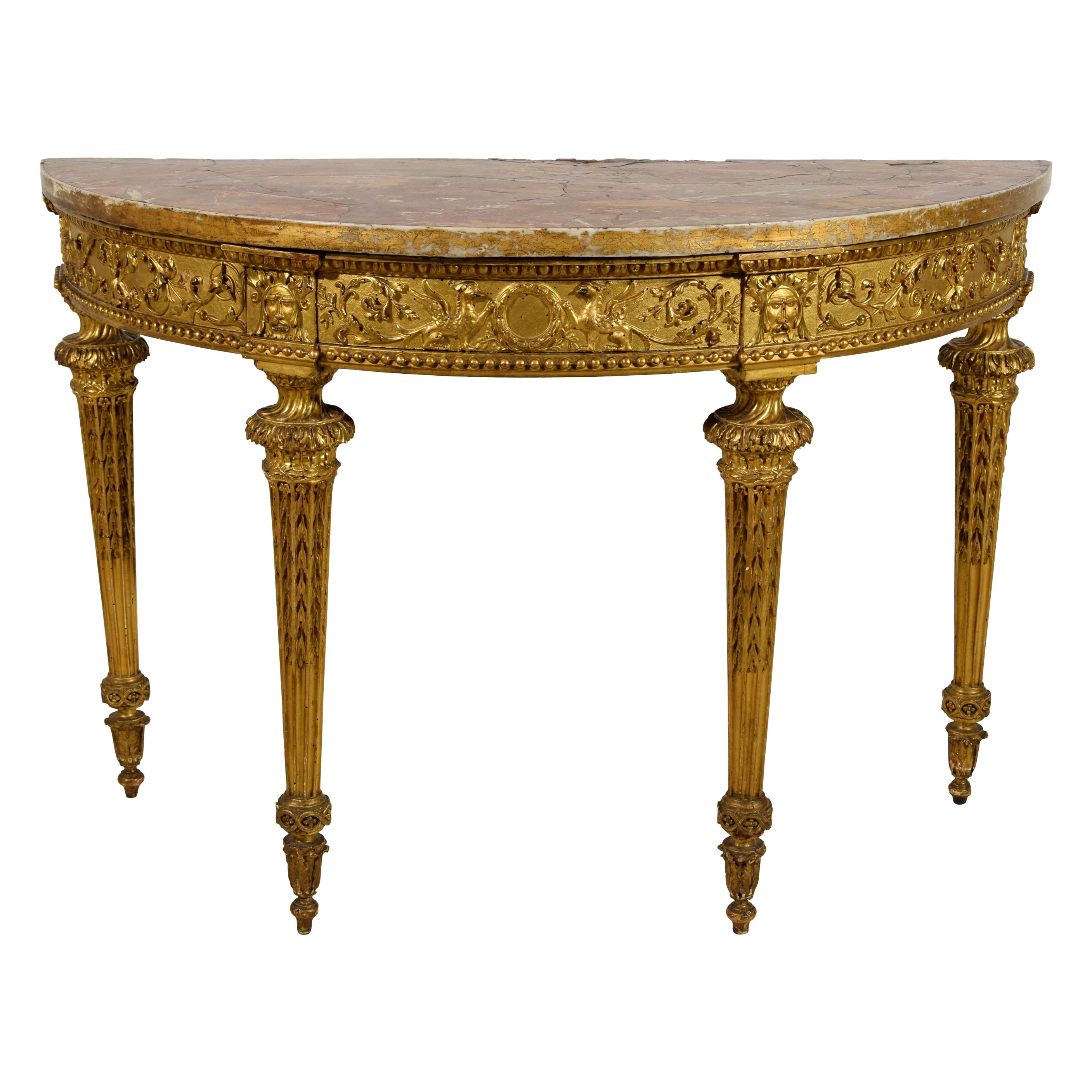 Siglo XVIII, Consola Demi-lune italiana neoclásica de madera dorada tallada