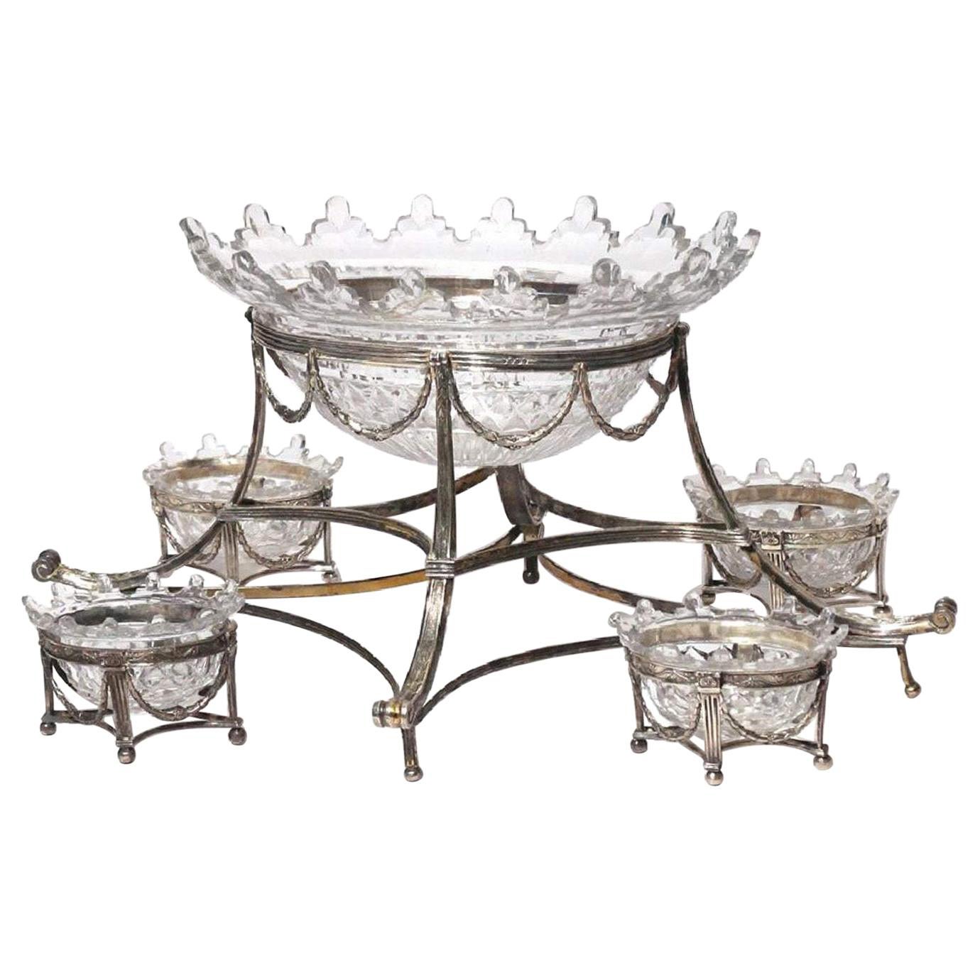 George III 1792 5-Piece Silver and Cut Glass Epergne Centerpiece Bowls