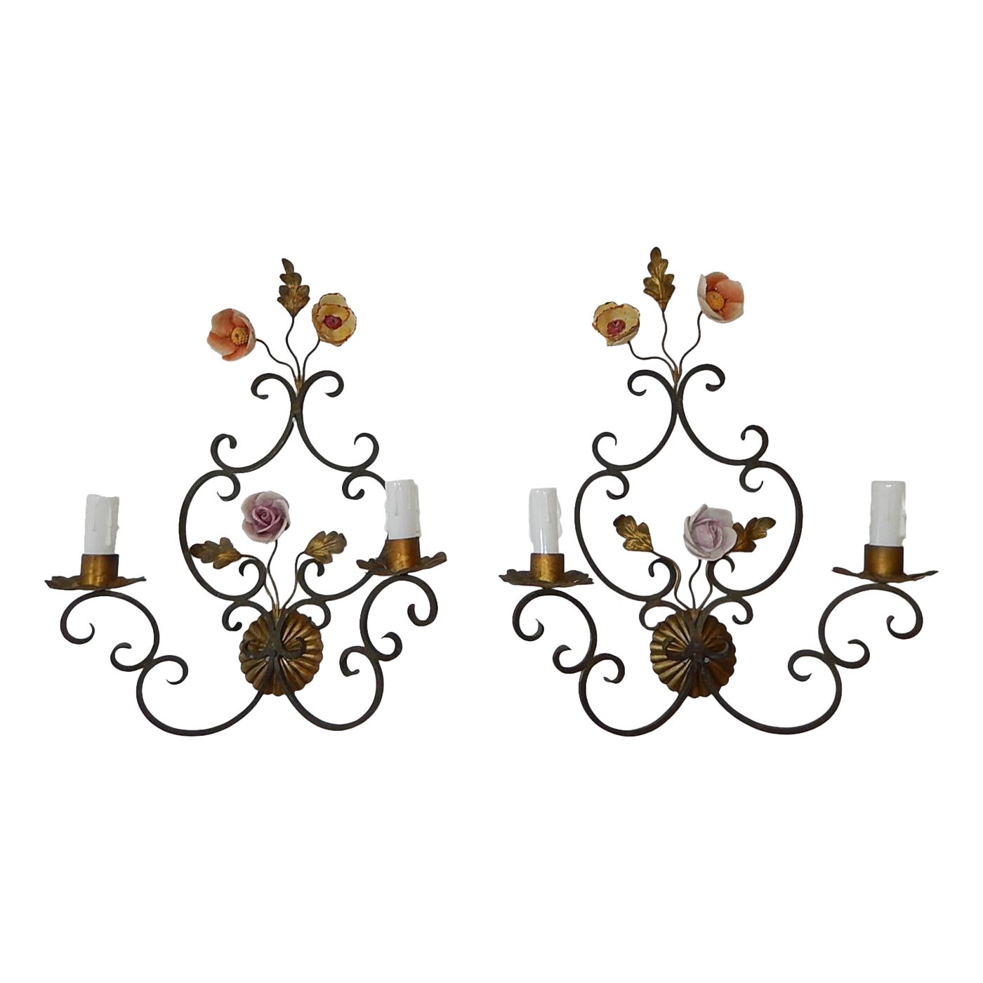 Florentine Bronze & Wrought Iron Porcelain Flowers Italian Tuscany Sconces 1900s For Sale