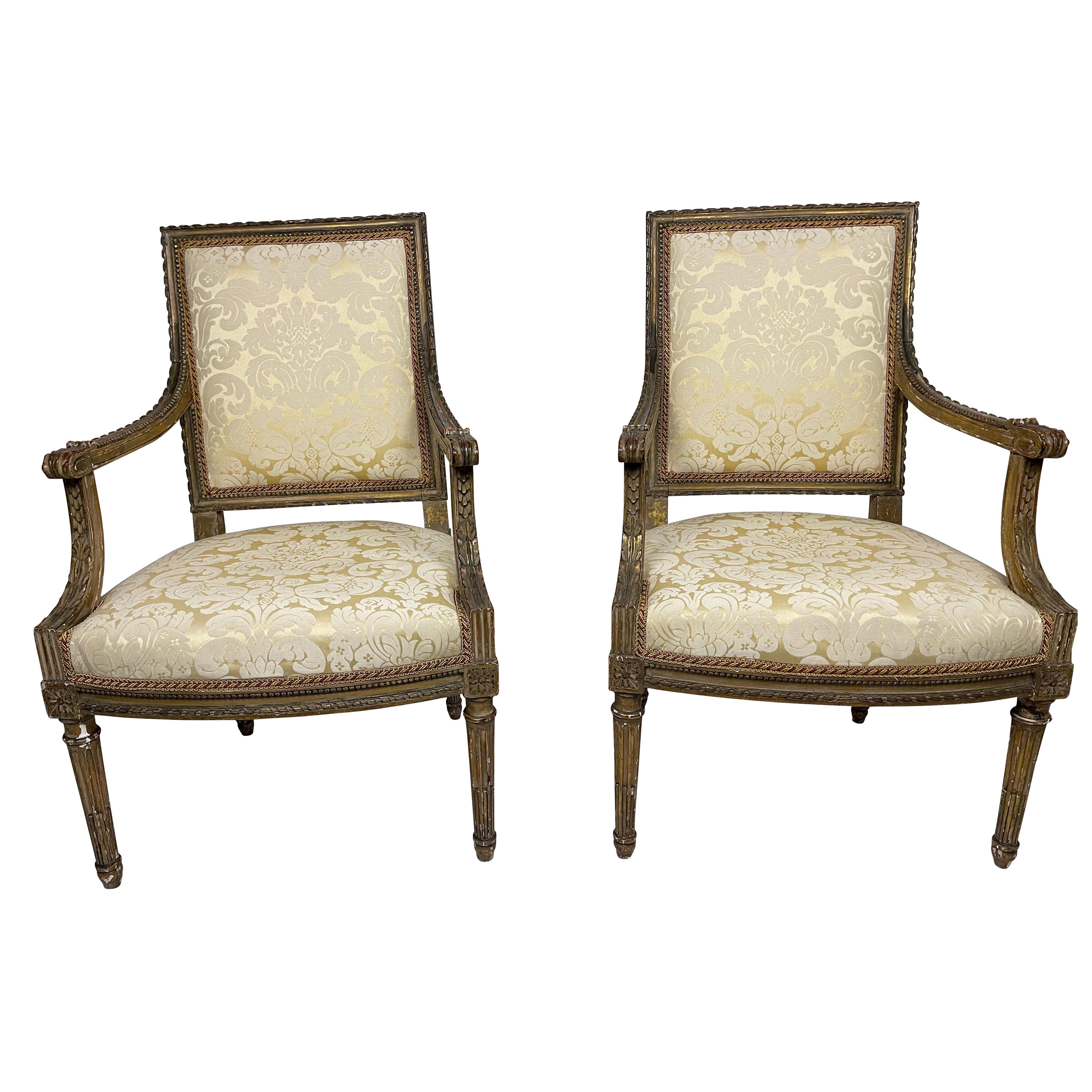 18th Century French Louis XVI Pair of Armchairs with Ivory Damask