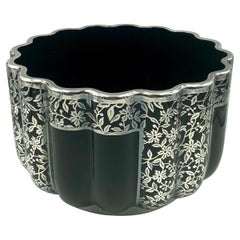 Art Deco Stout Silver Overlay Black Glass Vase Planter Bowl Probably Rockwell