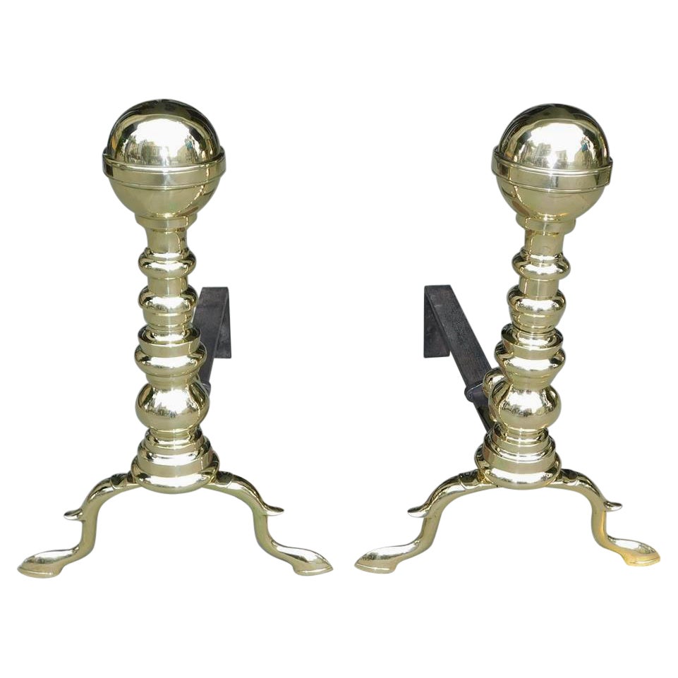 Pair of American Brass Ball Finial Andirons with Spur Legs & Slipper Feet C 1800