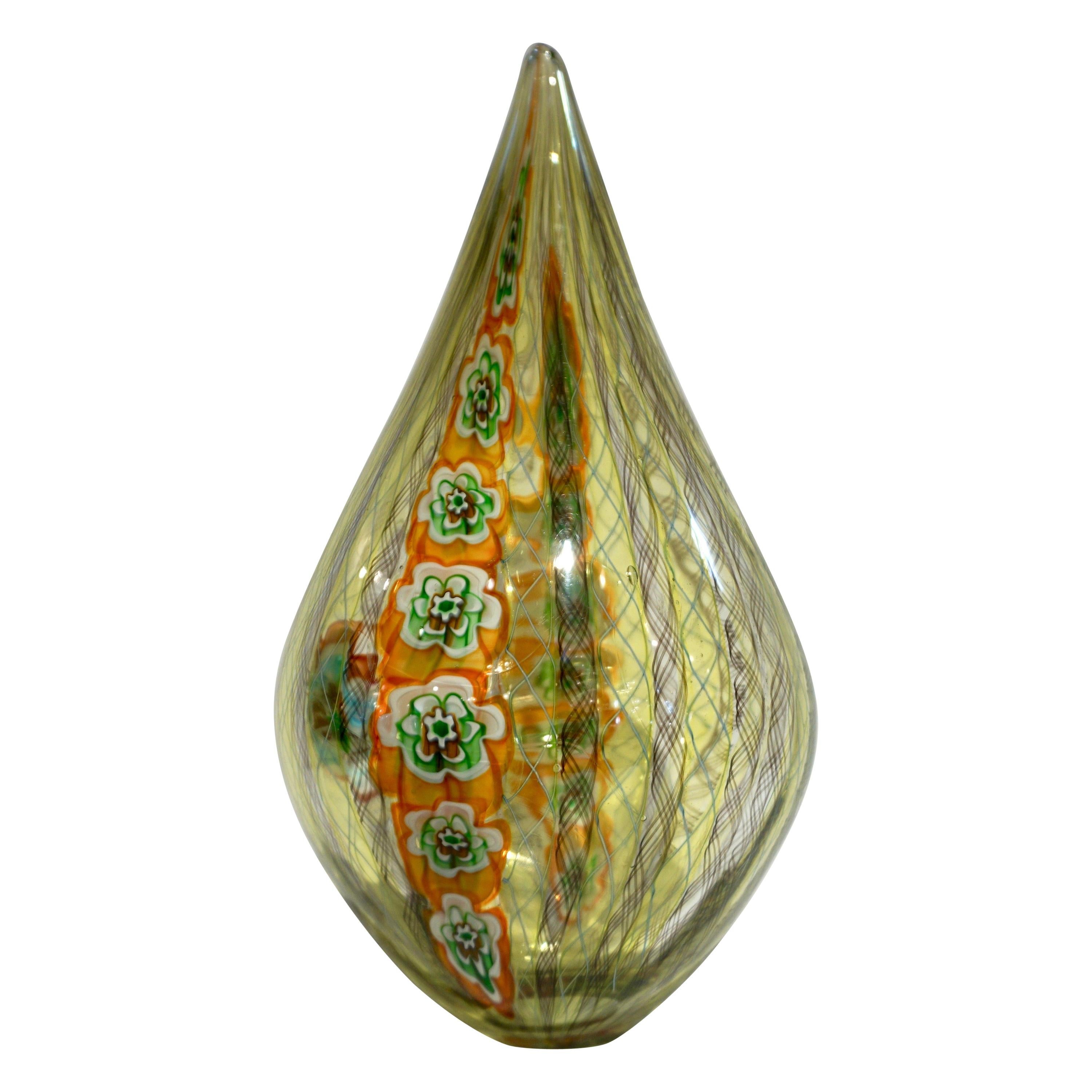 Tagliapietra Italian Modern Green Yellow Orange Murano Glass Drop Sculpture Vase