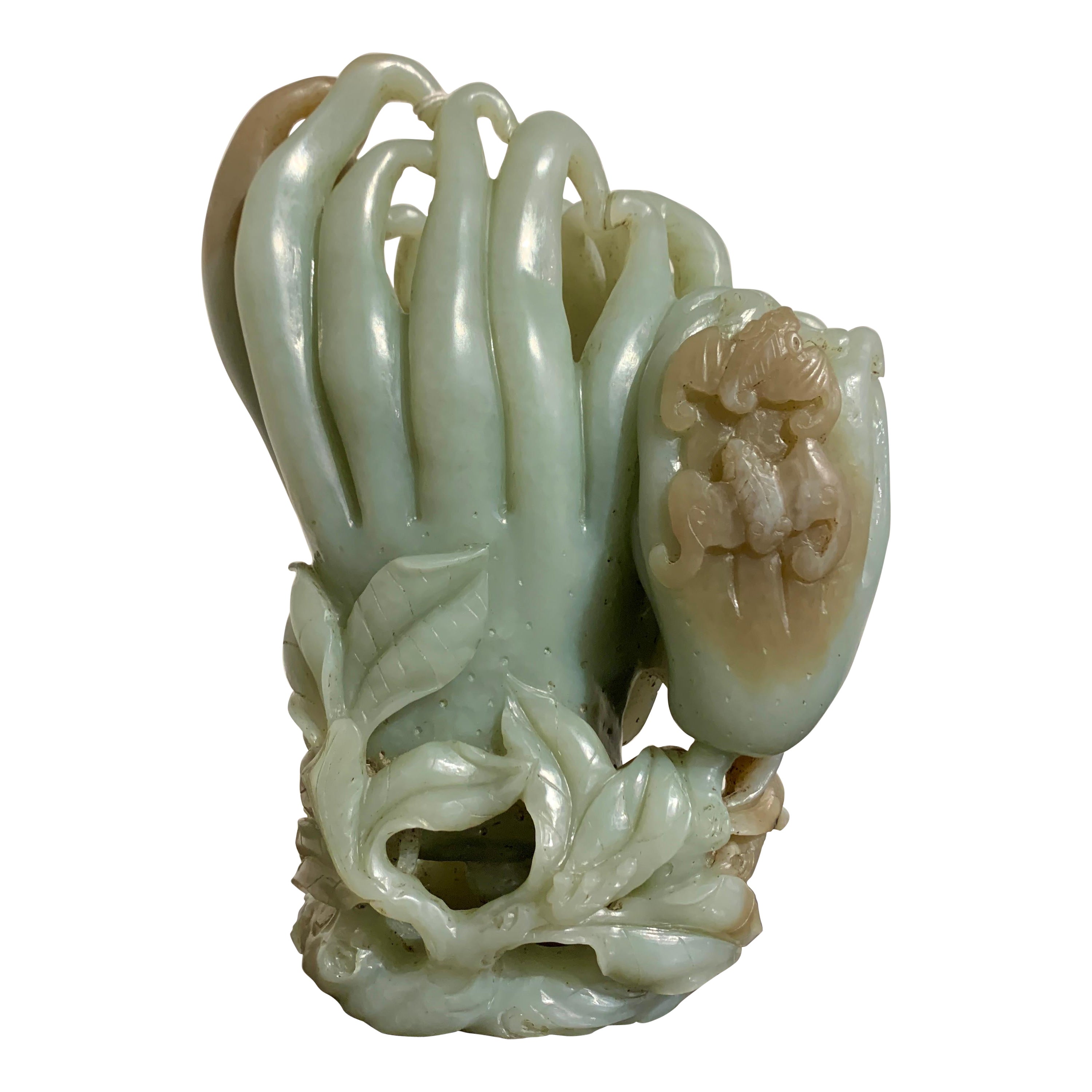 Große chinesische geschnitzte Nephrit-Jade-Vase mit doppelter Buddha-Hand, späte Qing-Dynastie im Angebot