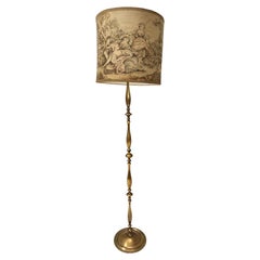 Vintage Turned Brass and Steel Floor Lamp with a Decorated Lampshade, Italy
