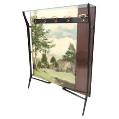 Vintage Ebonized Beech, Brass and Glass Coat Rack with a Landscape, Italy