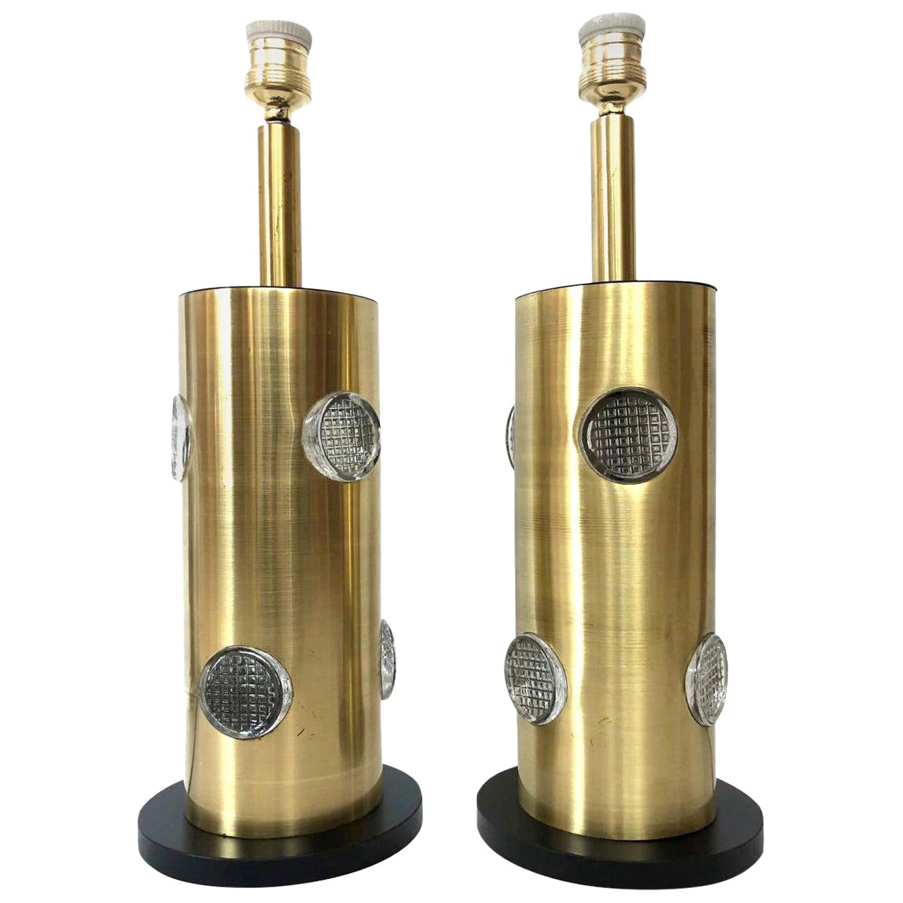 Danish Midcentury Pair of Brass Glass Table Lamps, 1970s For Sale