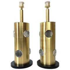 Danish Midcentury Pair of Brass Glass Table Lamps, 1970s
