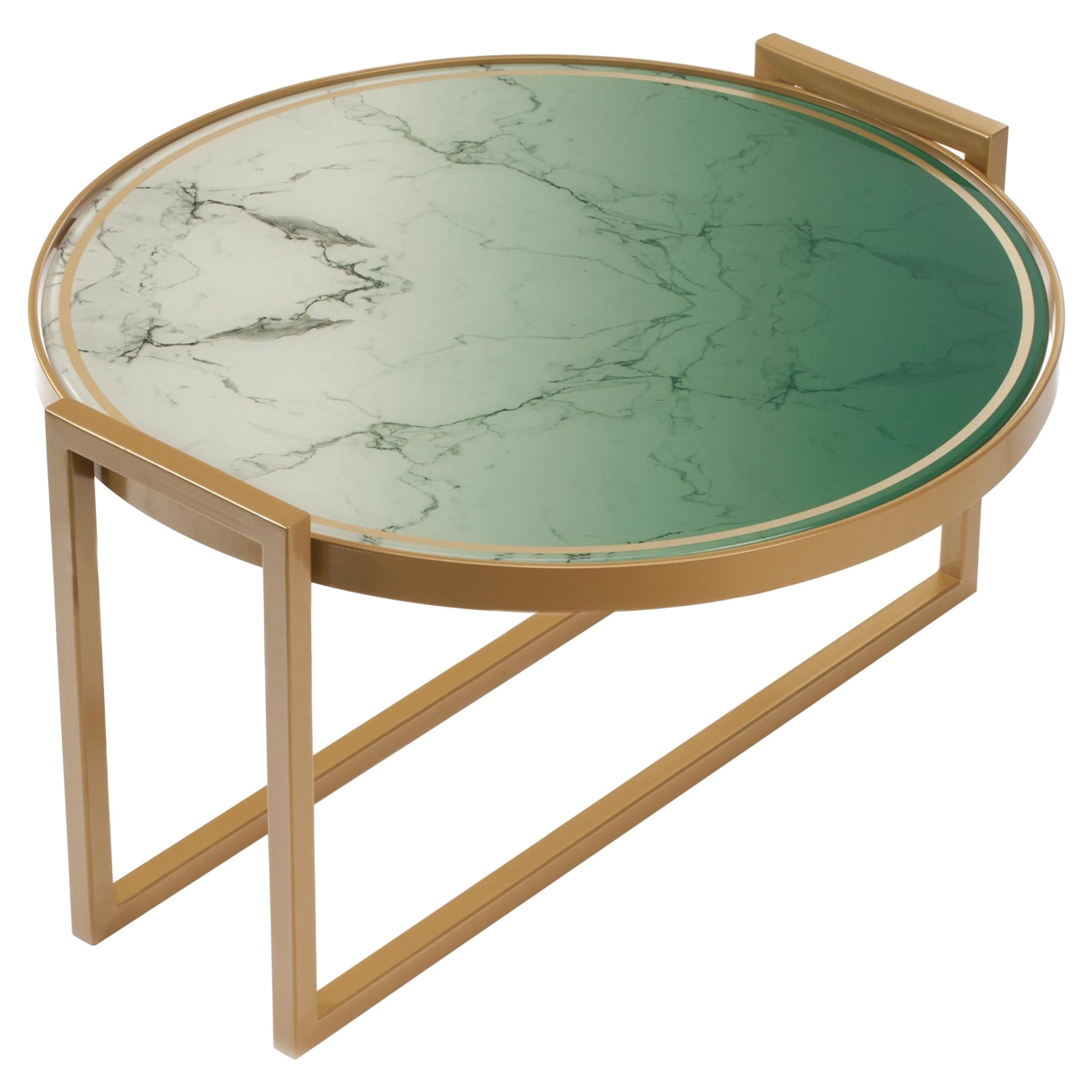 Table basse Norman, plateau ovale en verre imprimé vert et base en laiton plaqué