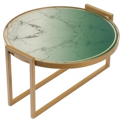 Low Side Table Norman, Oval Green Printed Glass Top and Plated Brass Base
