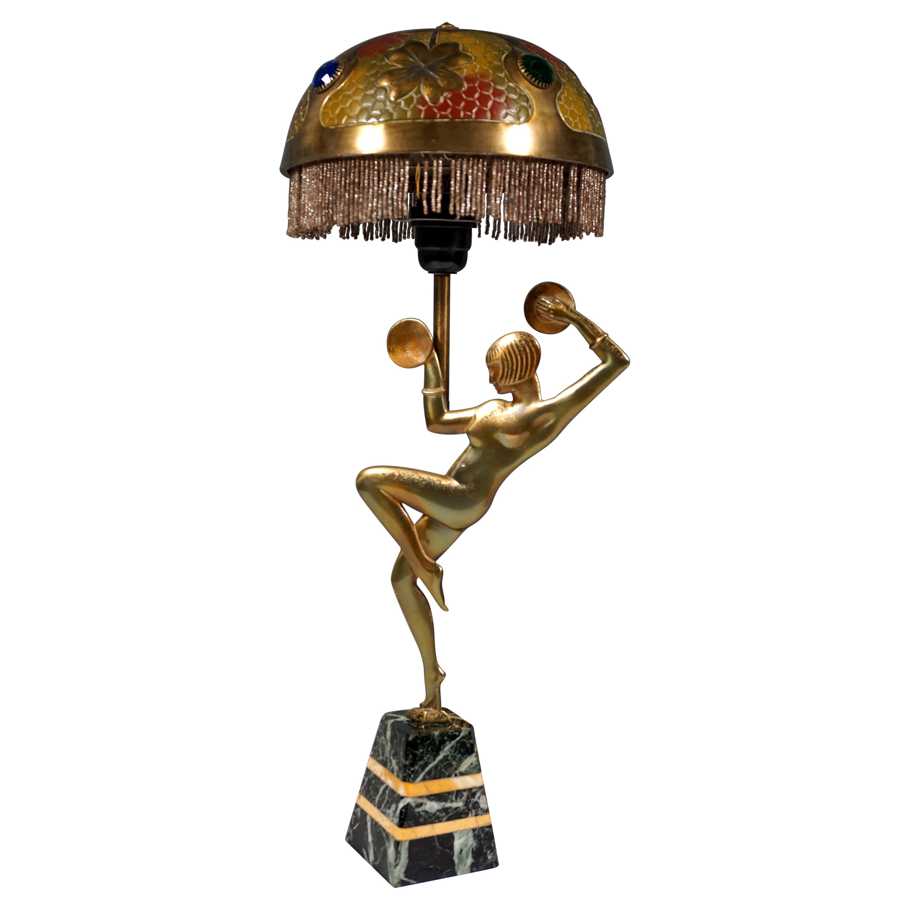 Bronze Look Round Glass Shade Graceful Dancer. Table Lamp Art Deco Lamp 