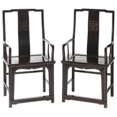 Pair of 19th Century Antique Chinese Rectangular Back Official's Hat Armchairs