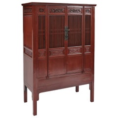 Used Red Lacquer Kitchen Cabinet with Lattice Fretwork & Relief Carved Panels