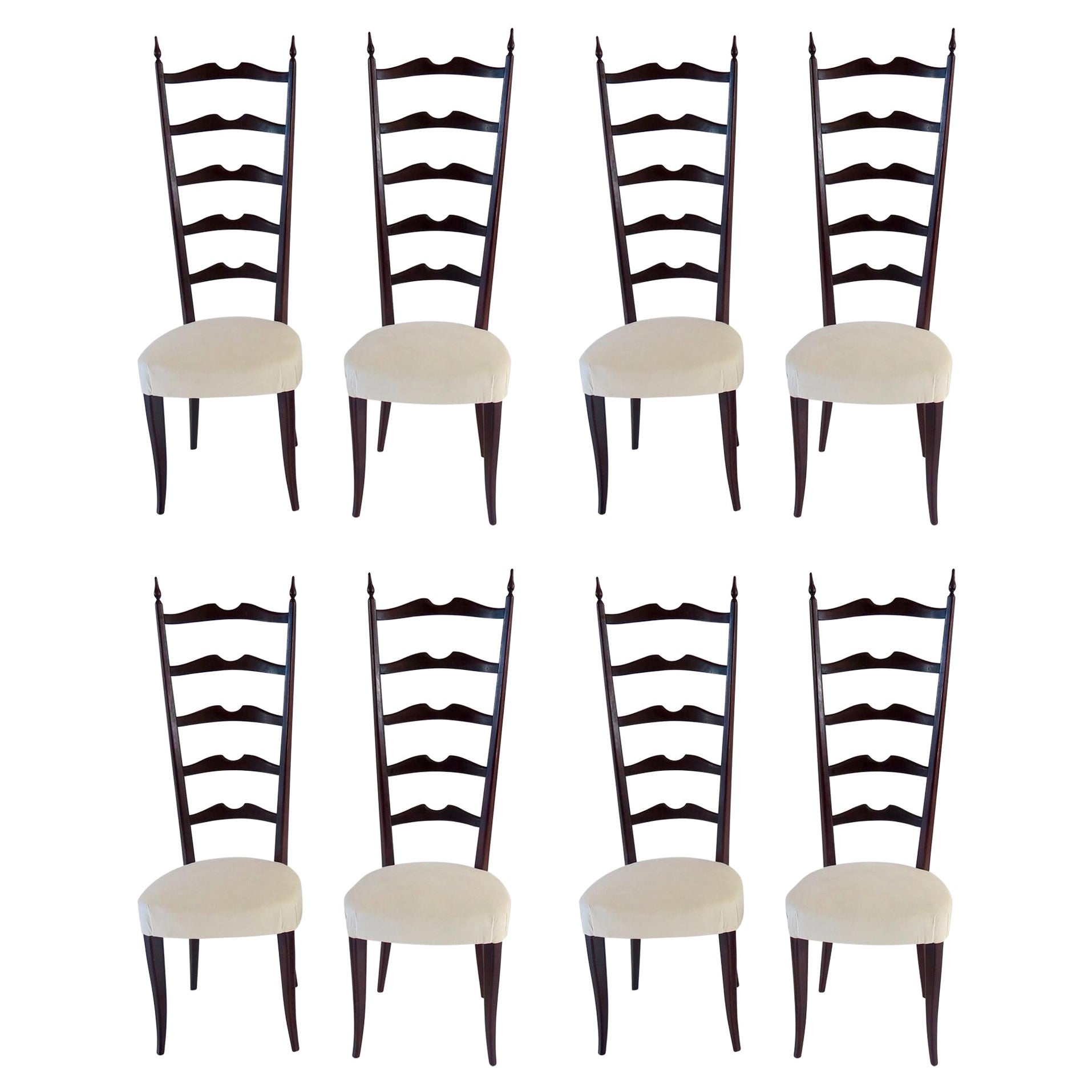 Set of 8 Ebonized Velvet High Back Chiavari Dining Chairs by Paolo Buffa, 1950